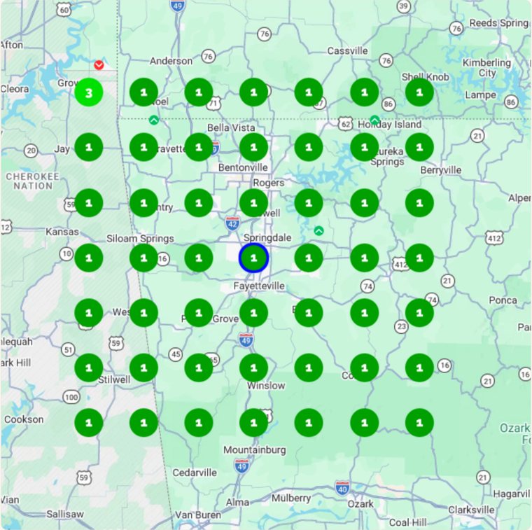 A cosmetic surgery practice, Springdale AR, on Google Maps for its flagship procedure: #1 at 48 of 49 points across the area, top three at all 49.